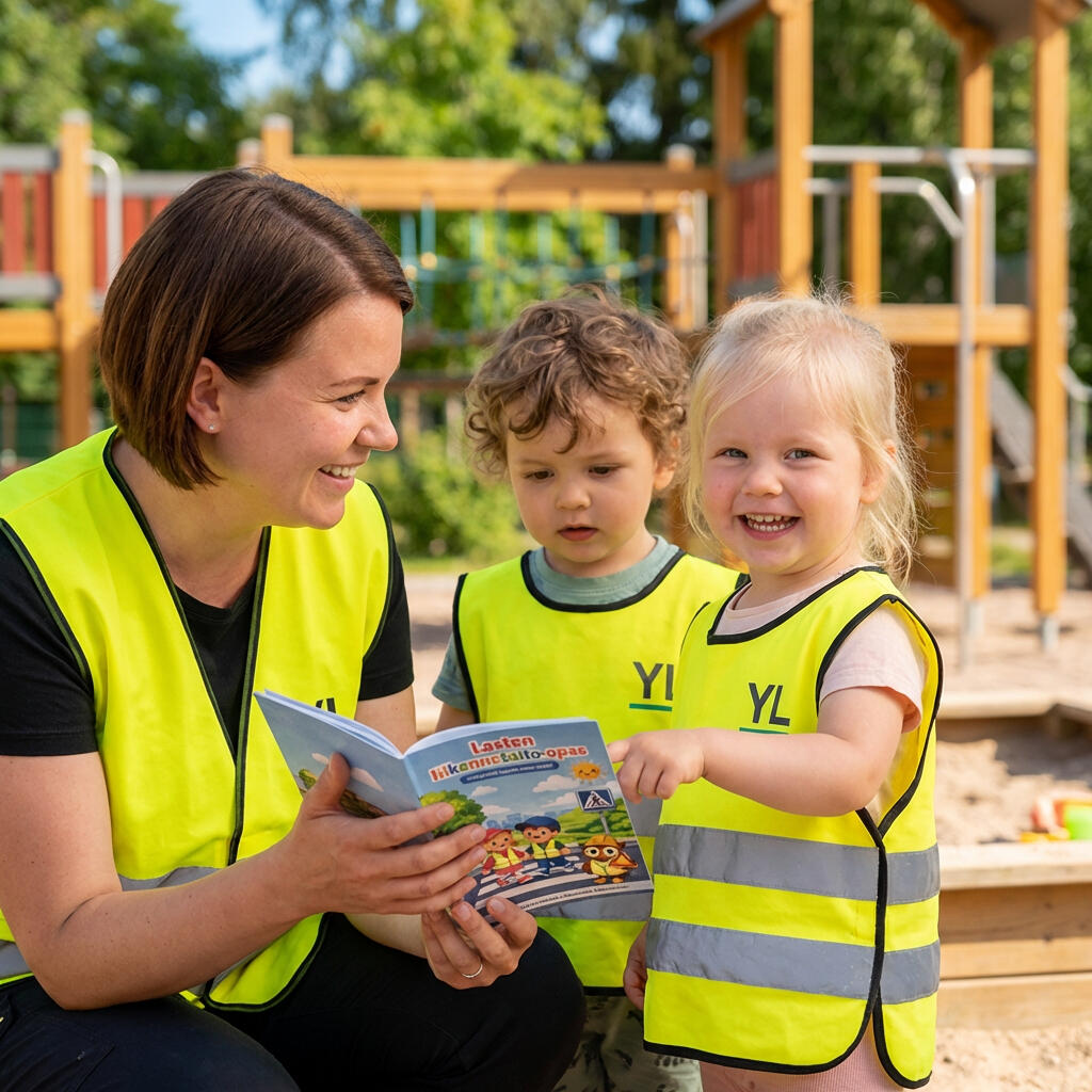 Havainnekuva yhteistyöstä käytännössä Havainnekuva päiväkodin työntekijästä ja lapsista heijastinliiveissä tutkimassa liikenneturvallisuusopasta.